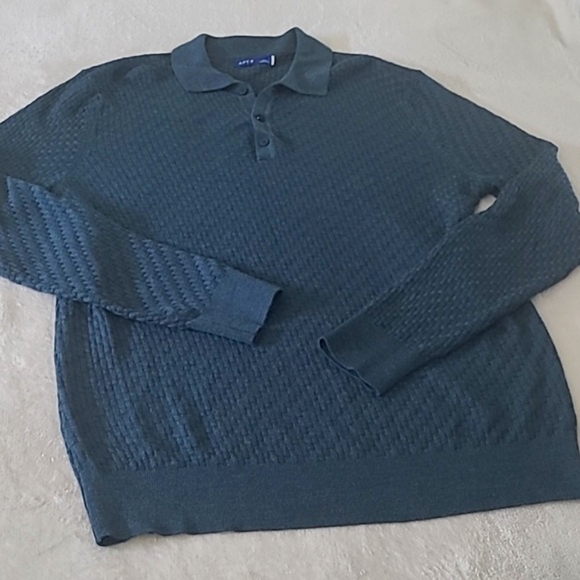 APT 9 Men's Textured Knit Sweater Polo Large Teal Blue Wool Blend Retro Everyday - Picture 6 of 15